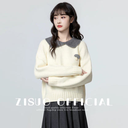 Yellow baby collar sweater women's thickened 2025 autumn and winter new design loose contrast lapel sweater top