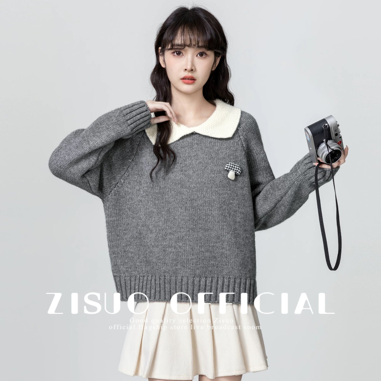 Yellow baby collar sweater women's thickened 2025 autumn and winter new design loose contrast lapel sweater top