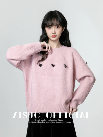 Pink bow round neck sweater women 2025 autumn and winter new loose lazy style thick pullover sweater top
