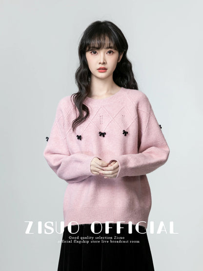 Pink bow round neck sweater women 2025 autumn and winter new loose lazy style thick pullover sweater top