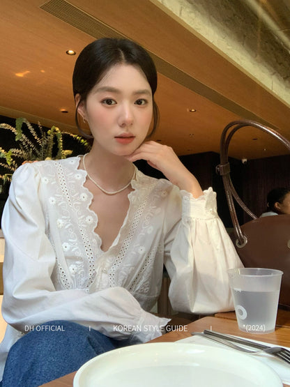DH OFFICIAL Large Flower [Jasmine Tea] French First Love Shirt Exquisite V-neck Embroidered Long Sleeve Temperament