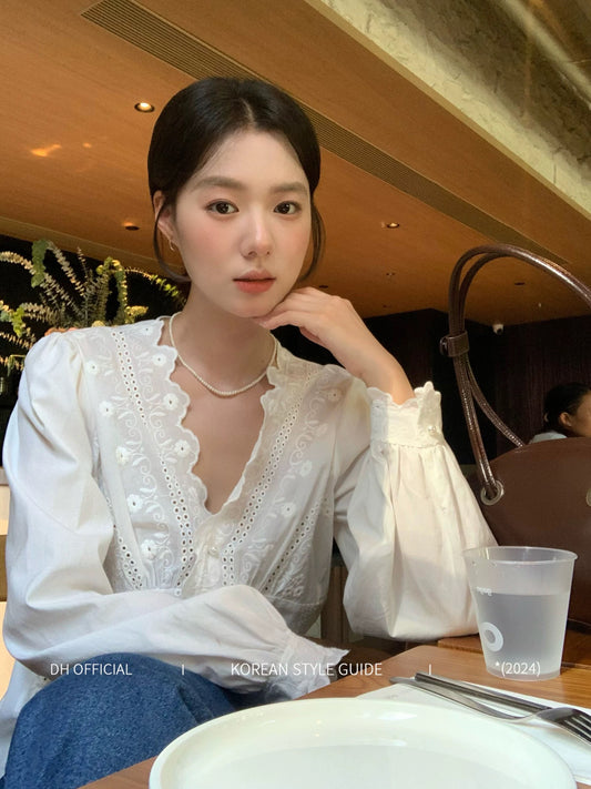 DH OFFICIAL Large Flower [Jasmine Tea] French First Love Shirt Exquisite V-neck Embroidered Long Sleeve Temperament