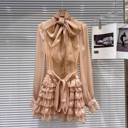 Popular online style 2025 winter new arrival, gentle and romantic chiffon tulle bow scarf slimming dress for women