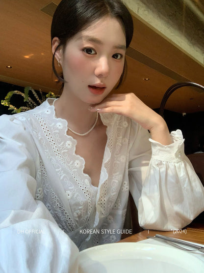 DH OFFICIAL Large Flower [Jasmine Tea] French First Love Shirt Exquisite V-neck Embroidered Long Sleeve Temperament