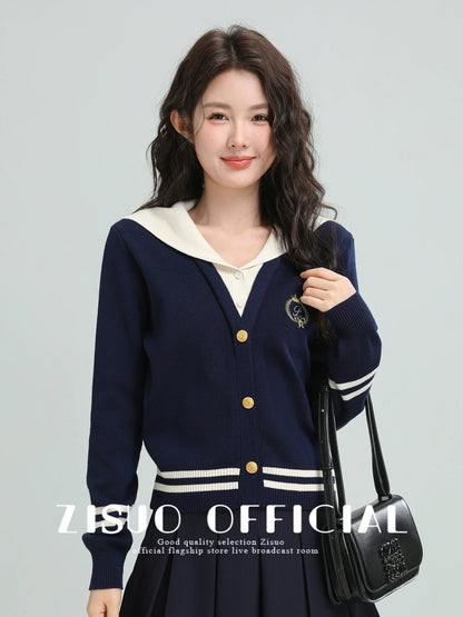 Navy blue navy collar knitted cardigan women 2025 spring and autumn new college style fake two-piece sweater jacket short top