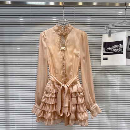 Popular online style 2025 winter new arrival, gentle and romantic chiffon tulle bow scarf slimming dress for women