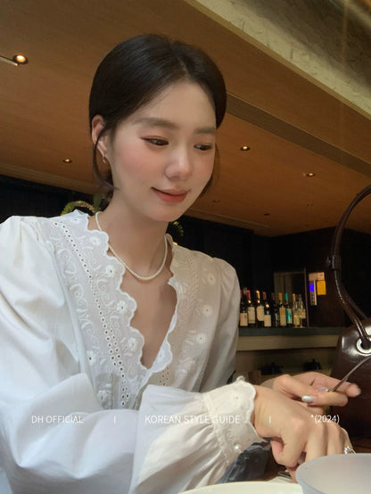 DH OFFICIAL Large Flower [Jasmine Tea] French First Love Shirt Exquisite V-neck Embroidered Long Sleeve Temperament