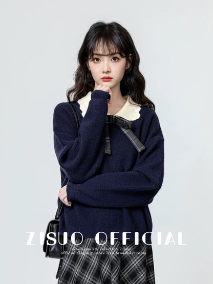 Navy blue baby collar sweater women 2025 spring and autumn new college style bow contrast lapel sweater top