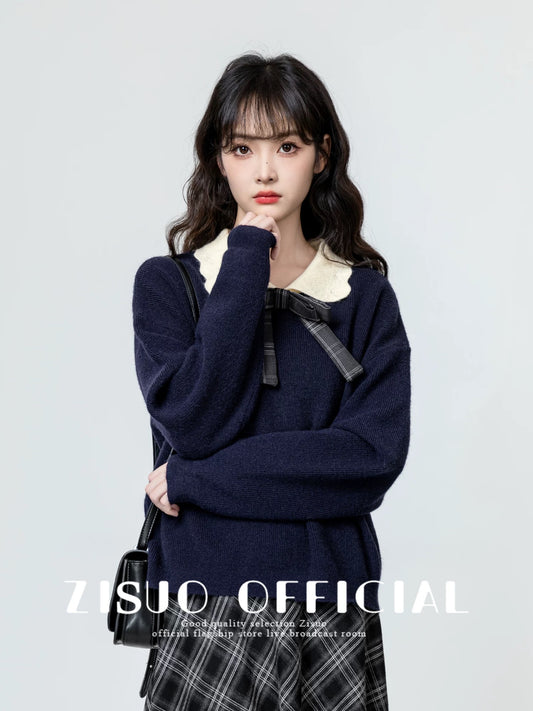 Navy blue baby collar sweater women 2025 spring and autumn new college style bow contrast lapel sweater top