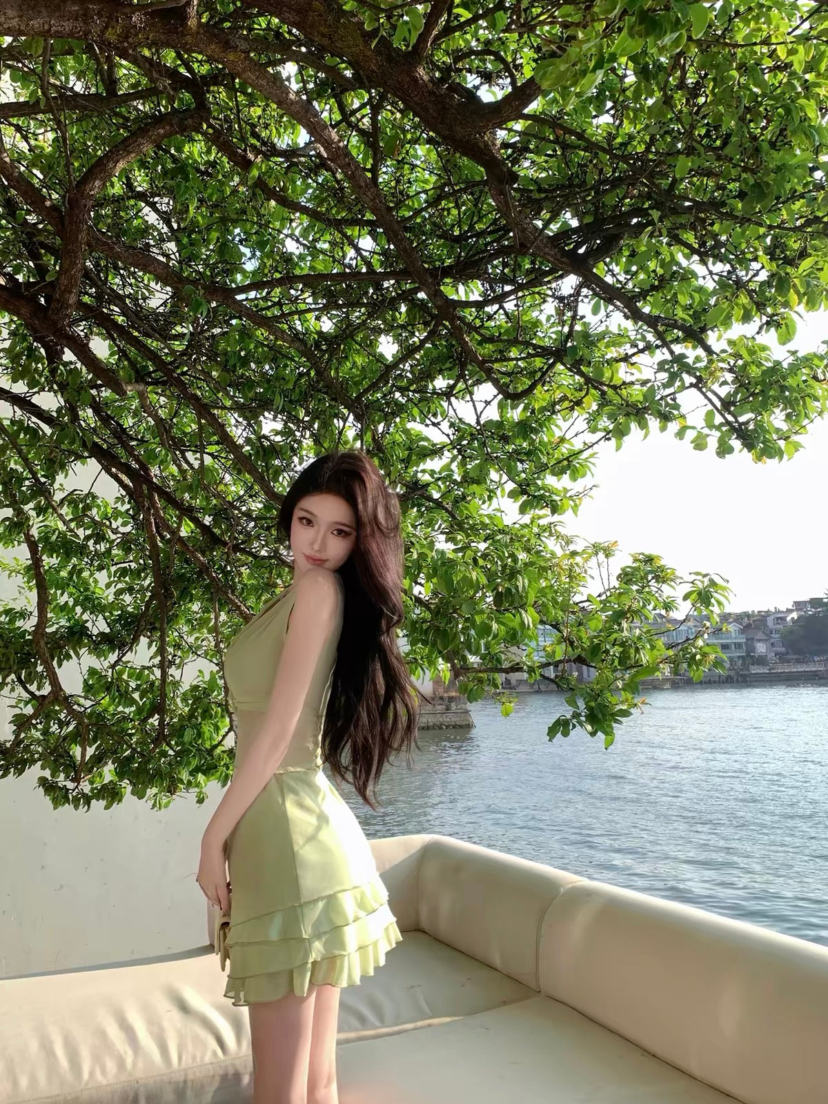 JAYKY YANG [As Worn by Pu Yanyan] V-Neck Twist-Front Sleeveless Dress with Ruffled Waist Detail