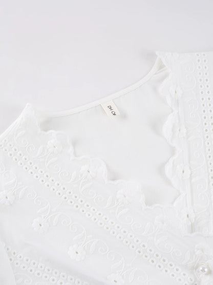 DH OFFICIAL Large Flower [Jasmine Tea] French First Love Shirt Exquisite V-neck Embroidered Long Sleeve Temperament
