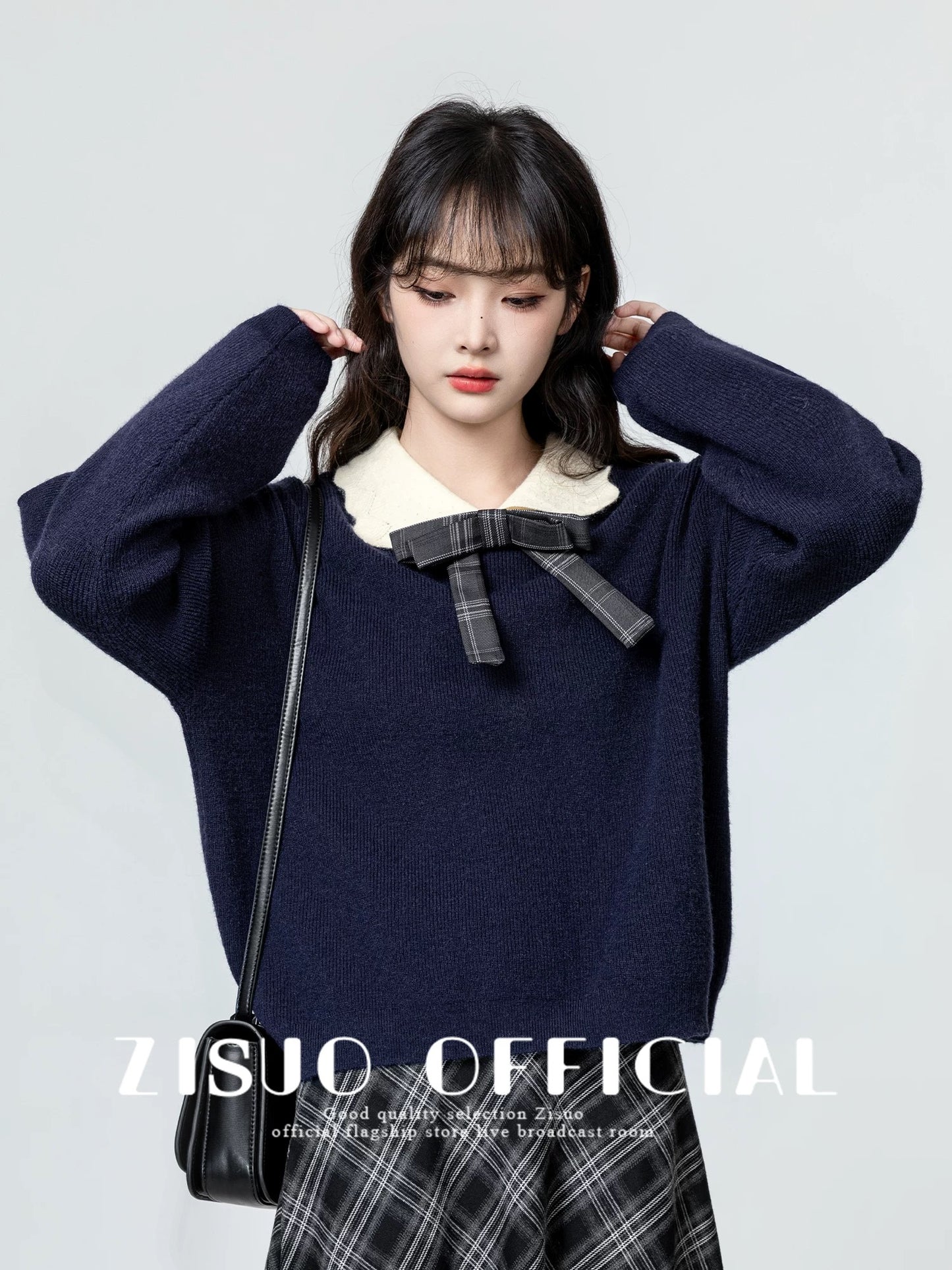 Navy blue baby collar sweater women 2025 spring and autumn new college style bow contrast lapel sweater top