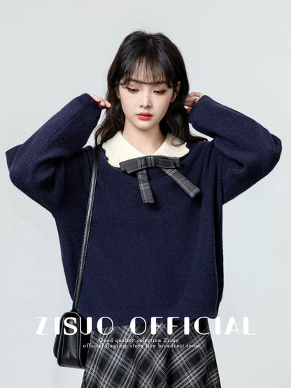 Navy blue baby collar sweater women 2025 spring and autumn new college style bow contrast lapel sweater top