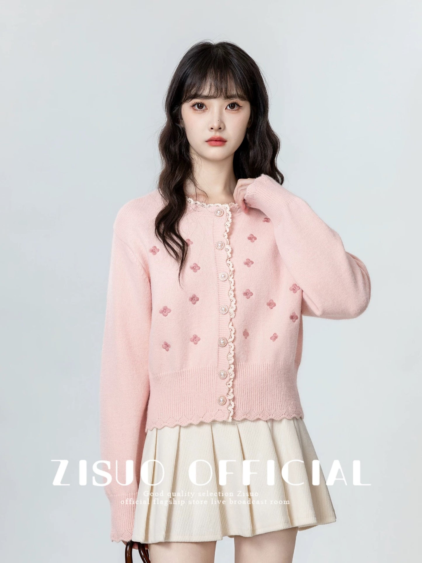 Pink lace knitted cardigan women 2025 spring and autumn new design embroidered sweater jacket short top