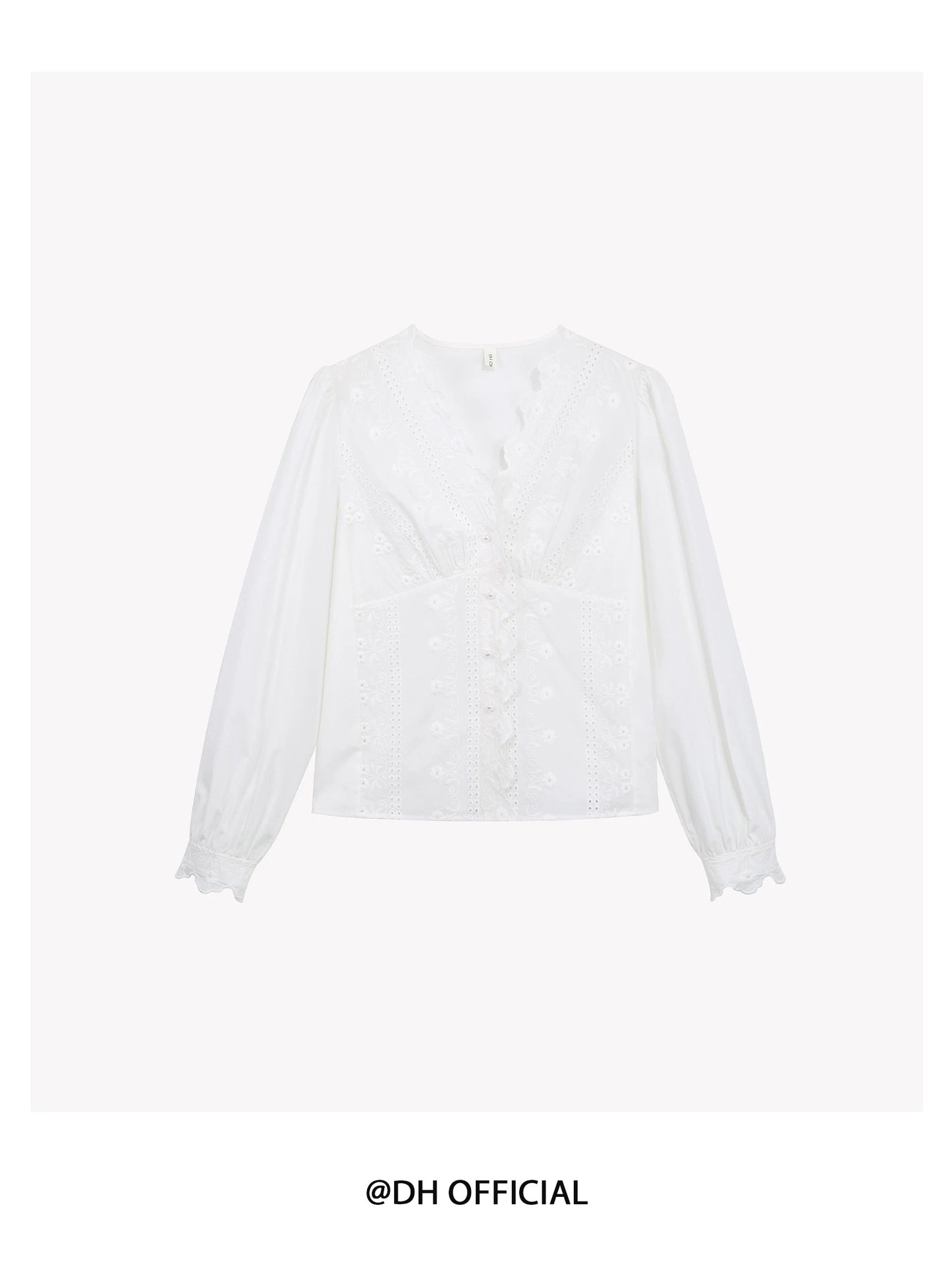 DH OFFICIAL Large Flower [Jasmine Tea] French First Love Shirt Exquisite V-neck Embroidered Long Sleeve Temperament