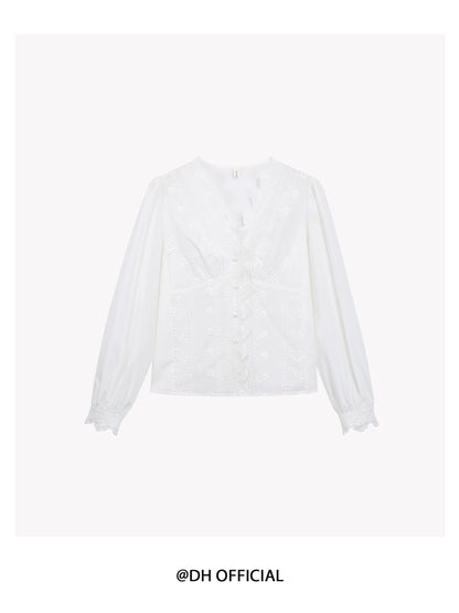 DH OFFICIAL Large Flower [Jasmine Tea] French First Love Shirt Exquisite V-neck Embroidered Long Sleeve Temperament