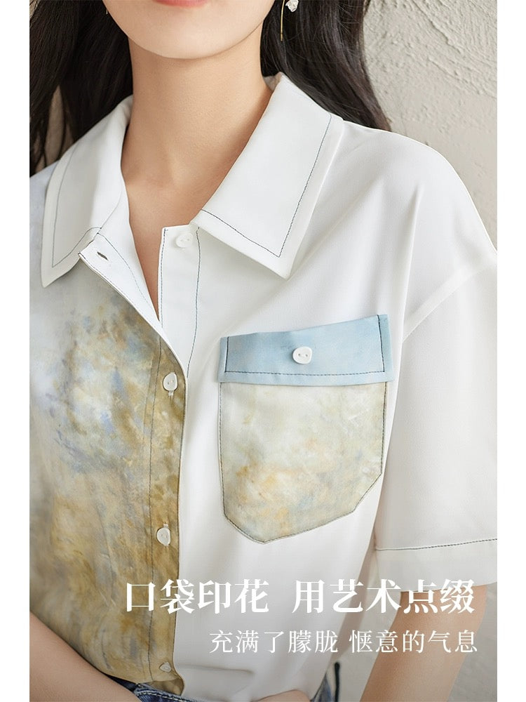 Dialogue x Kay Levine joint contrast color stitching shirt female 2024 summer new drop shoulder loose short-sleeved top