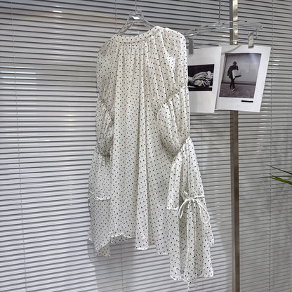 Popular online style, 2026 Spring New French-style niche ruffled collar polka dot lightweight breathable long chiffon blouse for women.