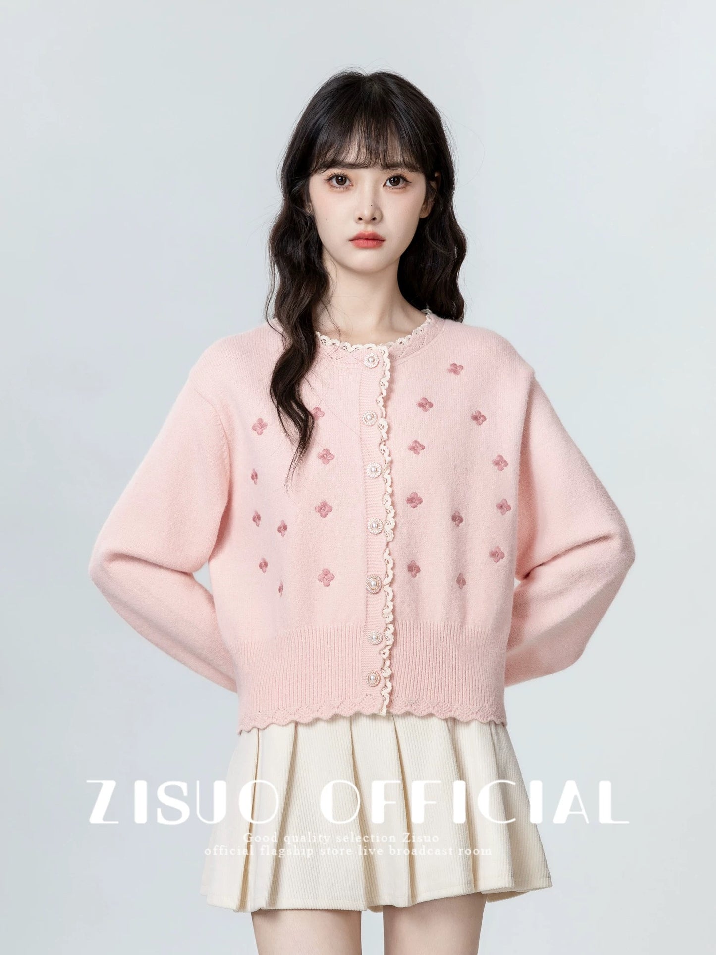 Pink lace knitted cardigan women 2025 spring and autumn new design embroidered sweater jacket short top