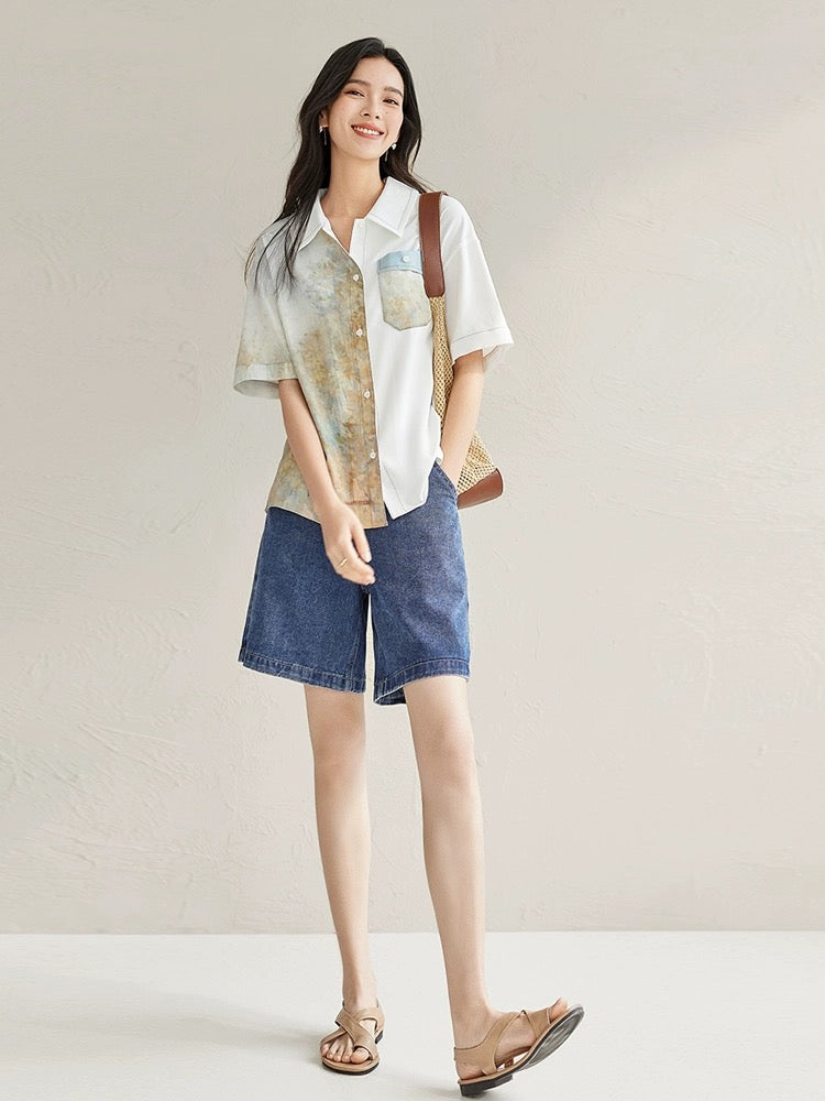 Dialogue x Kay Levine joint contrast color stitching shirt female 2024 summer new drop shoulder loose short-sleeved top