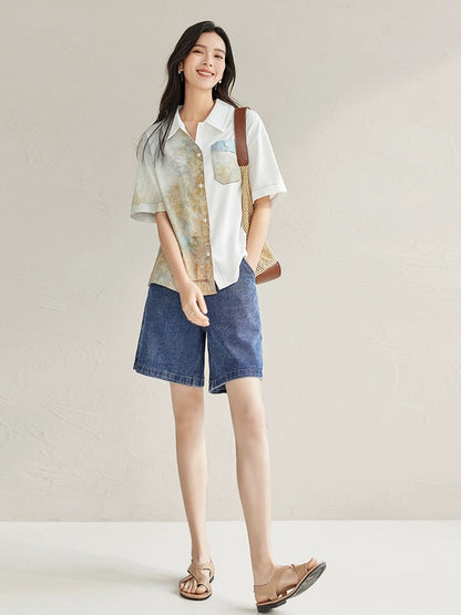 Dialogue x Kay Levine joint contrast color stitching shirt female 2024 summer new drop shoulder loose short-sleeved top