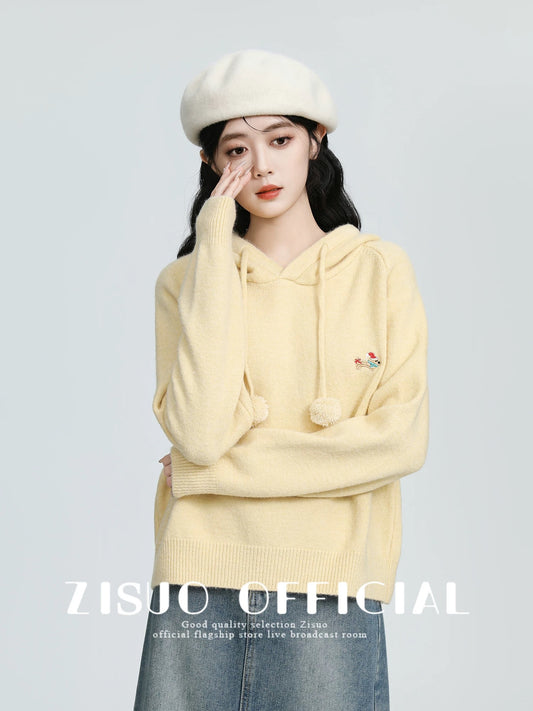 Yellow hooded sweater women's thickened 2025 autumn and winter new loose lazy pullover hooded knitted sweater top