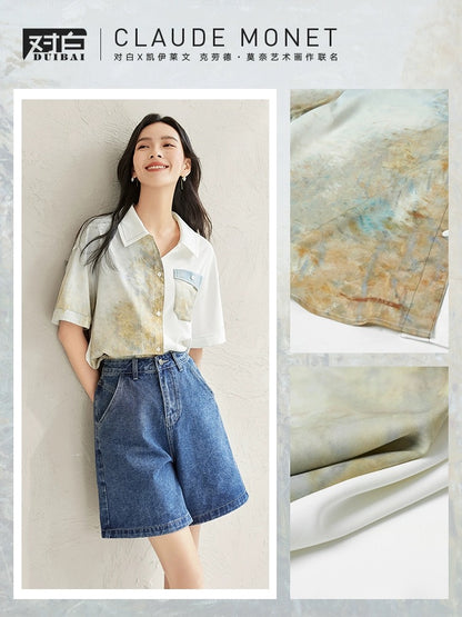 Dialogue x Kay Levine joint contrast color stitching shirt female 2024 summer new drop shoulder loose short-sleeved top