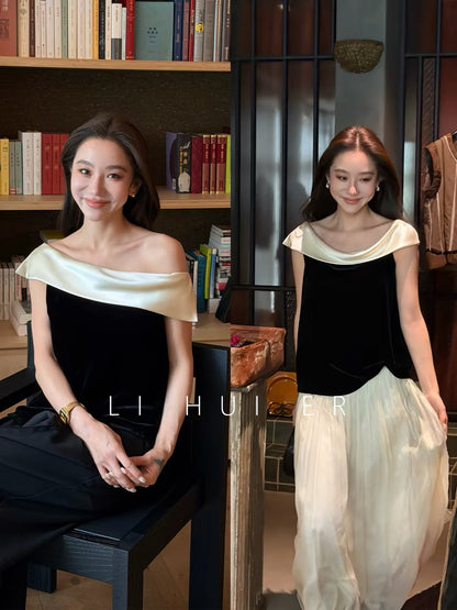 Li Hui'er [Sisyphus Hall] Summer Dark-Style Paneled Silk-Velvet Slim-Fit H-Line Tank Top