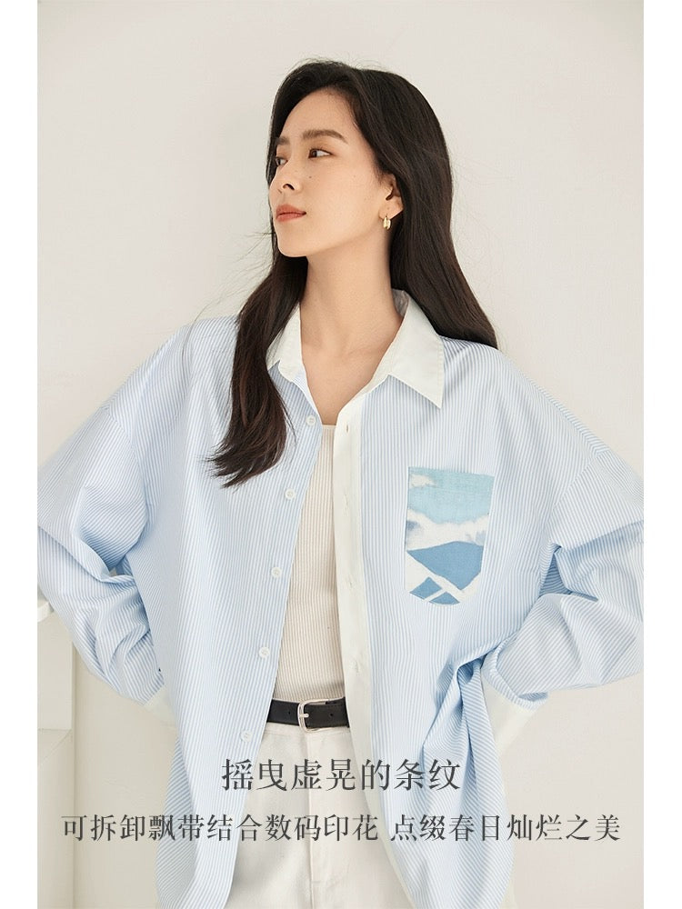 Dialogue x Kay Levine joint printed ribbon long-sleeved shirt female 2024 spring and summer new loose niche top