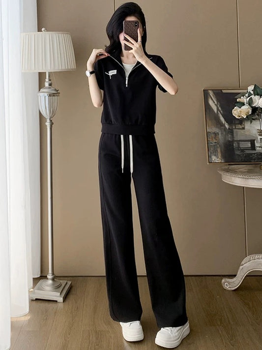 Youthful and energetic casual sports suit for women 2025 summer stylish and age-reducing yellow short-sleeved top wide-leg pants two-piece suit