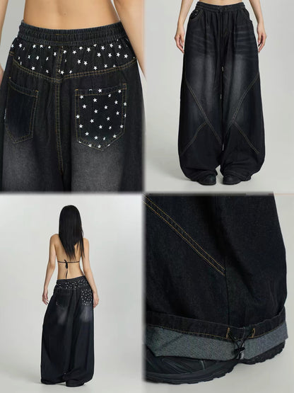 CBXLAB Streetwear Loose-Fit Washed Drawstring Pants – Hip-Hop Retro Distressed Star-Patchwork Denim Jeans