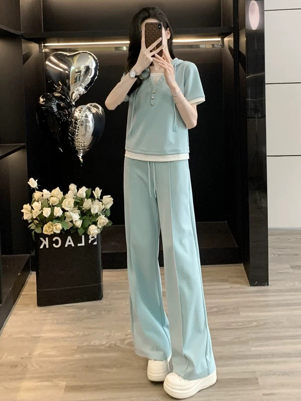 Salt-based casual sports suit for women in summer, fashionable, slimming and age-reducing, two-piece short-sleeved top, wide-leg pants, two-piece suit