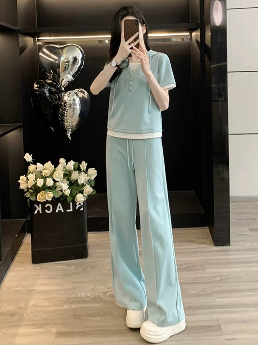 Salt-based casual sports suit for women in summer, fashionable, slimming and age-reducing, two-piece short-sleeved top, wide-leg pants, two-piece suit