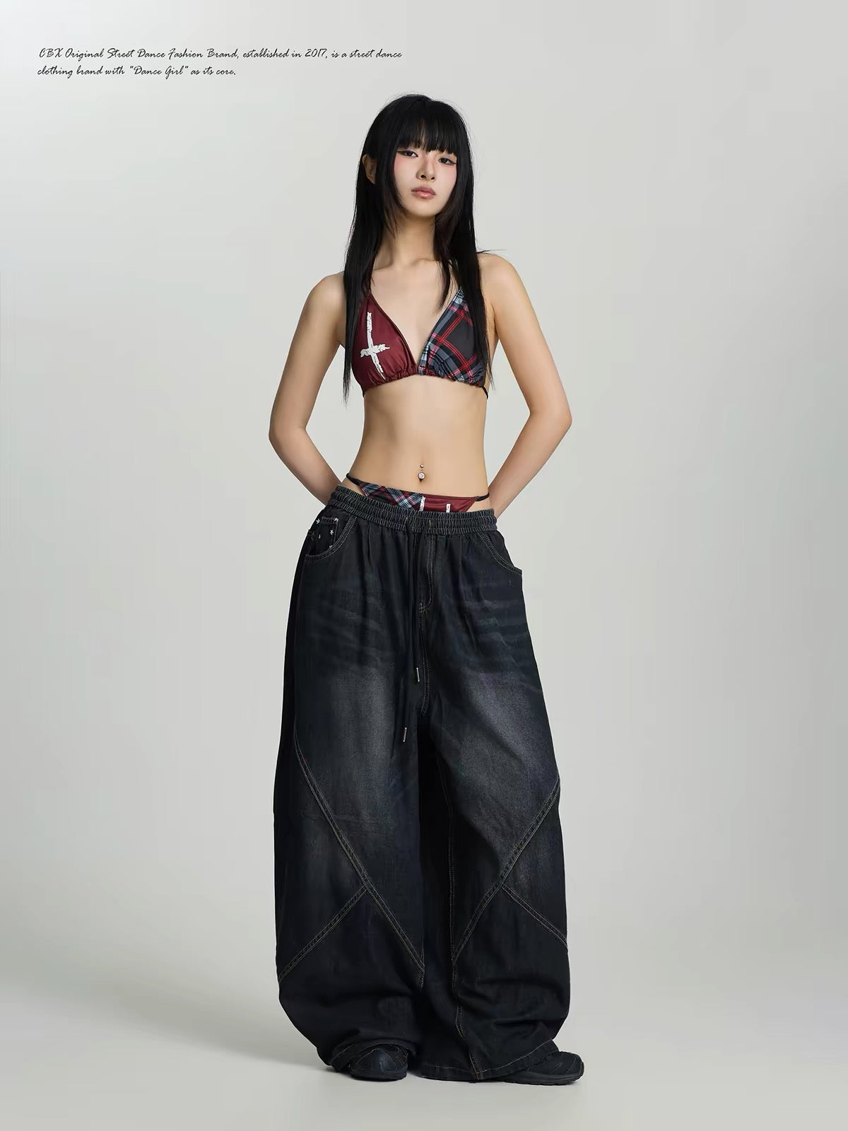 CBXLAB Streetwear Loose-Fit Washed Drawstring Pants – Hip-Hop Retro Distressed Star-Patchwork Denim Jeans