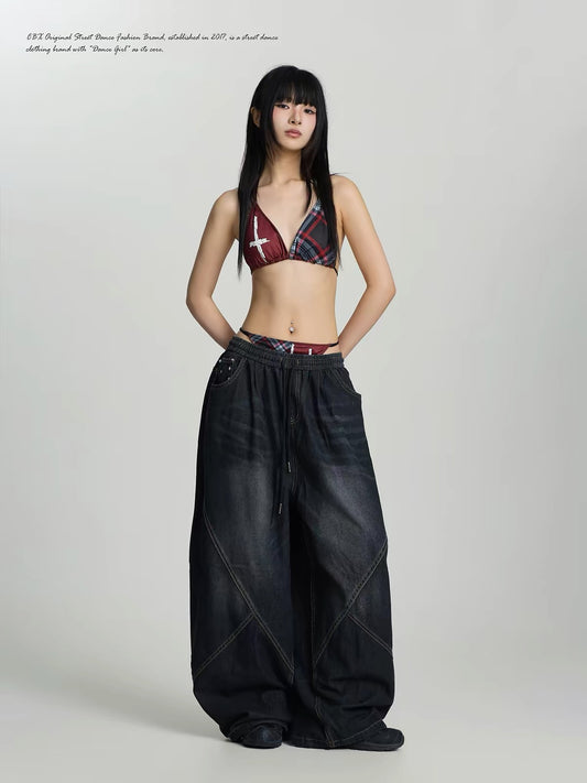 CBXLAB Streetwear Loose-Fit Washed Drawstring Pants – Hip-Hop Retro Distressed Star-Patchwork Denim Jeans
