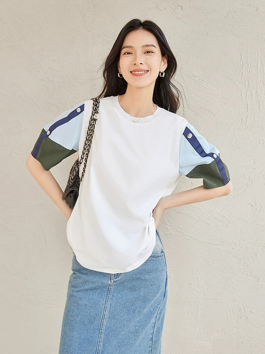 Dialogue Icelandic cotton cool short-sleeved T-shirt for women in summer 2024 new design contrast color loose and versatile foreign style top