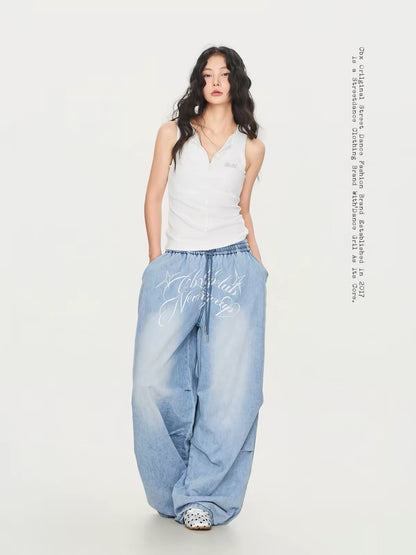 CBXLAB Street-Style Pleated Printed Wide-Leg Denim Pants – Lightweight, Slimming, Versatile & Trendy