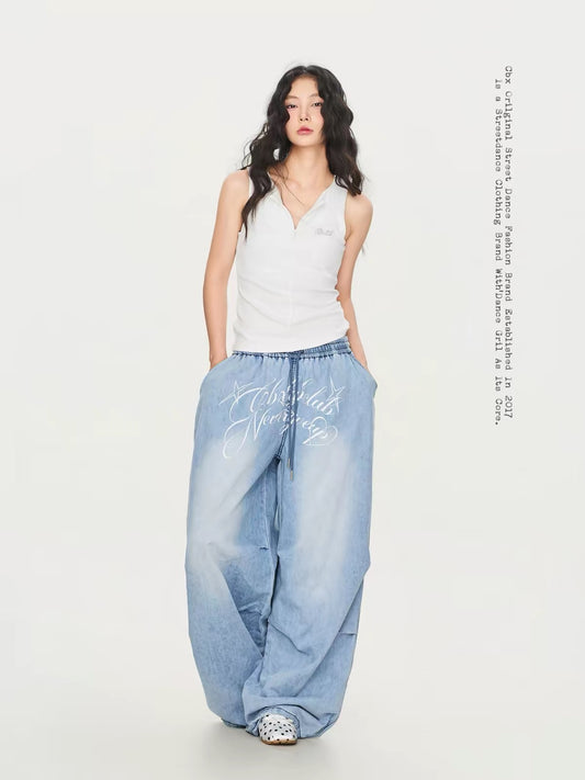 CBXLAB Street-Style Pleated Printed Wide-Leg Denim Pants – Lightweight, Slimming, Versatile & Trendy