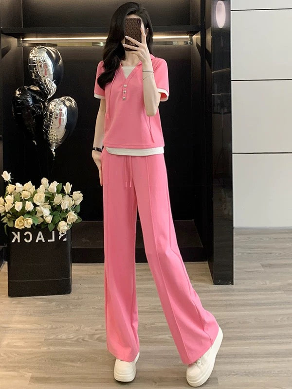 Salt-based casual sports suit for women in summer, fashionable, slimming and age-reducing, two-piece short-sleeved top, wide-leg pants, two-piece suit