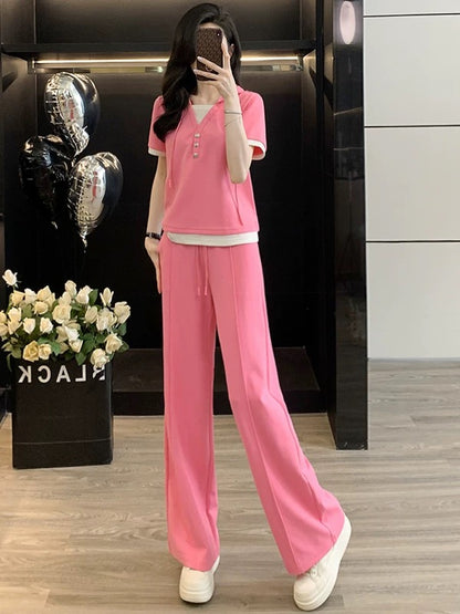 Salt-based casual sports suit for women in summer, fashionable, slimming and age-reducing, two-piece short-sleeved top, wide-leg pants, two-piece suit