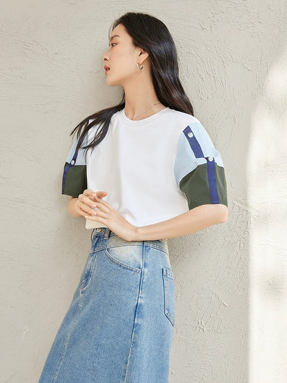 Dialogue Icelandic cotton cool short-sleeved T-shirt for women in summer 2024 new design contrast color loose and versatile foreign style top