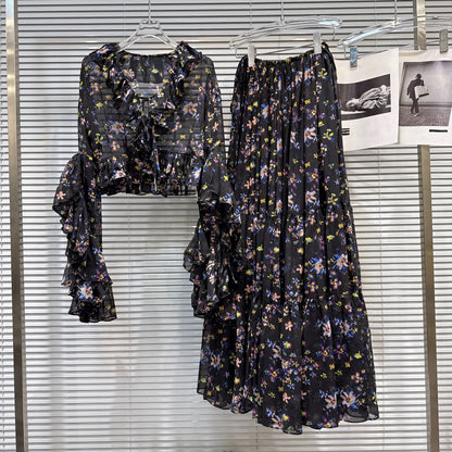 Popular online style, 2026 Spring New French-style V-neck ruffled chiffon blouse + floral chiffon maxi skirt set