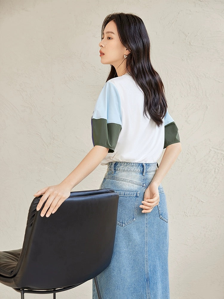 Dialogue Icelandic cotton cool short-sleeved T-shirt for women in summer 2024 new design contrast color loose and versatile foreign style top