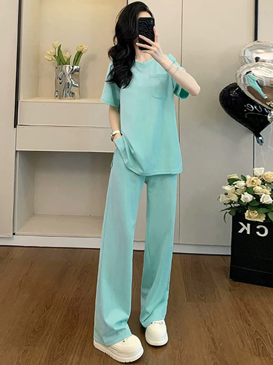 Fashionable and age-reducing casual sports suit for women 2025 summer loose and slim blue short-sleeved T-shirt wide-leg pants two-piece suit