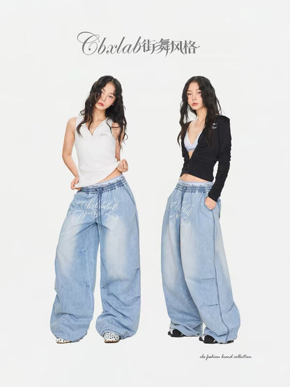 CBXLAB Street-Style Pleated Printed Wide-Leg Denim Pants – Lightweight, Slimming, Versatile & Trendy