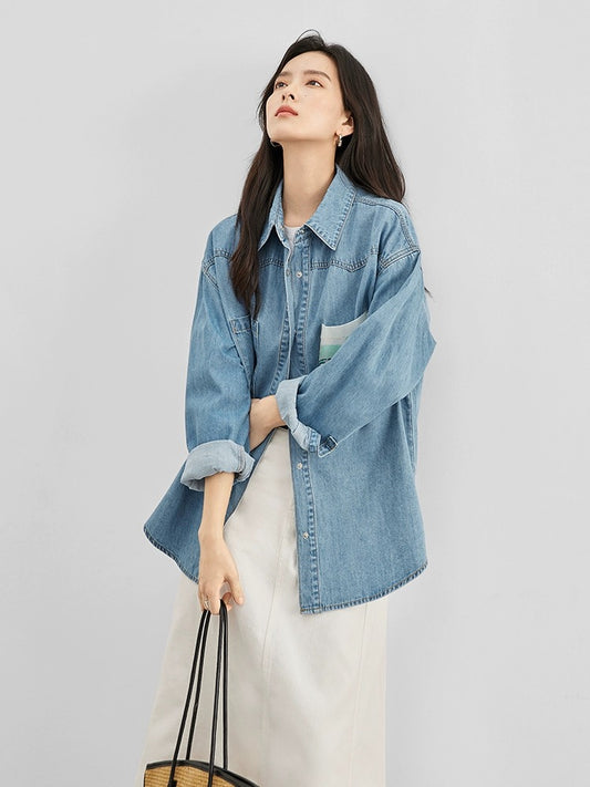 Vincent Van Gogh Joint Dialogue Retro Loose Denim Shirt Women's 2024 Spring New Lazy Casual Top