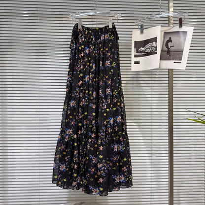 Popular online style, 2026 Spring New French-style V-neck ruffled chiffon blouse + floral chiffon maxi skirt set