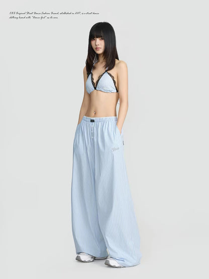 CBXLAB Streetwear: Blue-and-White Striped Jazz Pants with Lace Paneling – A Fresh, Laid-back American Summer Style