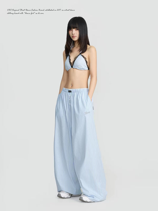 CBXLAB Streetwear: Blue-and-White Striped Jazz Pants with Lace Paneling – A Fresh, Laid-back American Summer Style