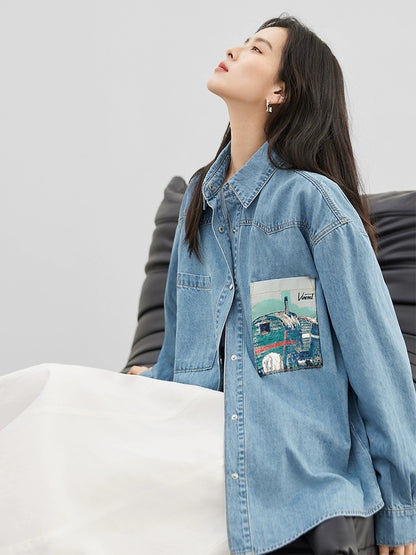 Vincent Van Gogh Joint Dialogue Retro Loose Denim Shirt Women's 2024 Spring New Lazy Casual Top